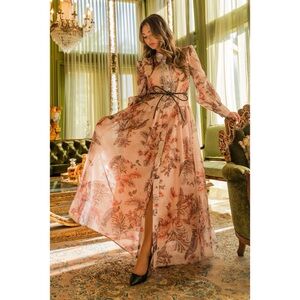 Chic Floral Long Dress with Black Ribbon